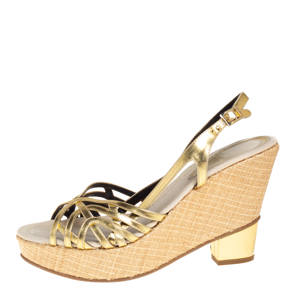 

Fendi Gold Patent Leather Wedge Ankle Strap Sandals Size