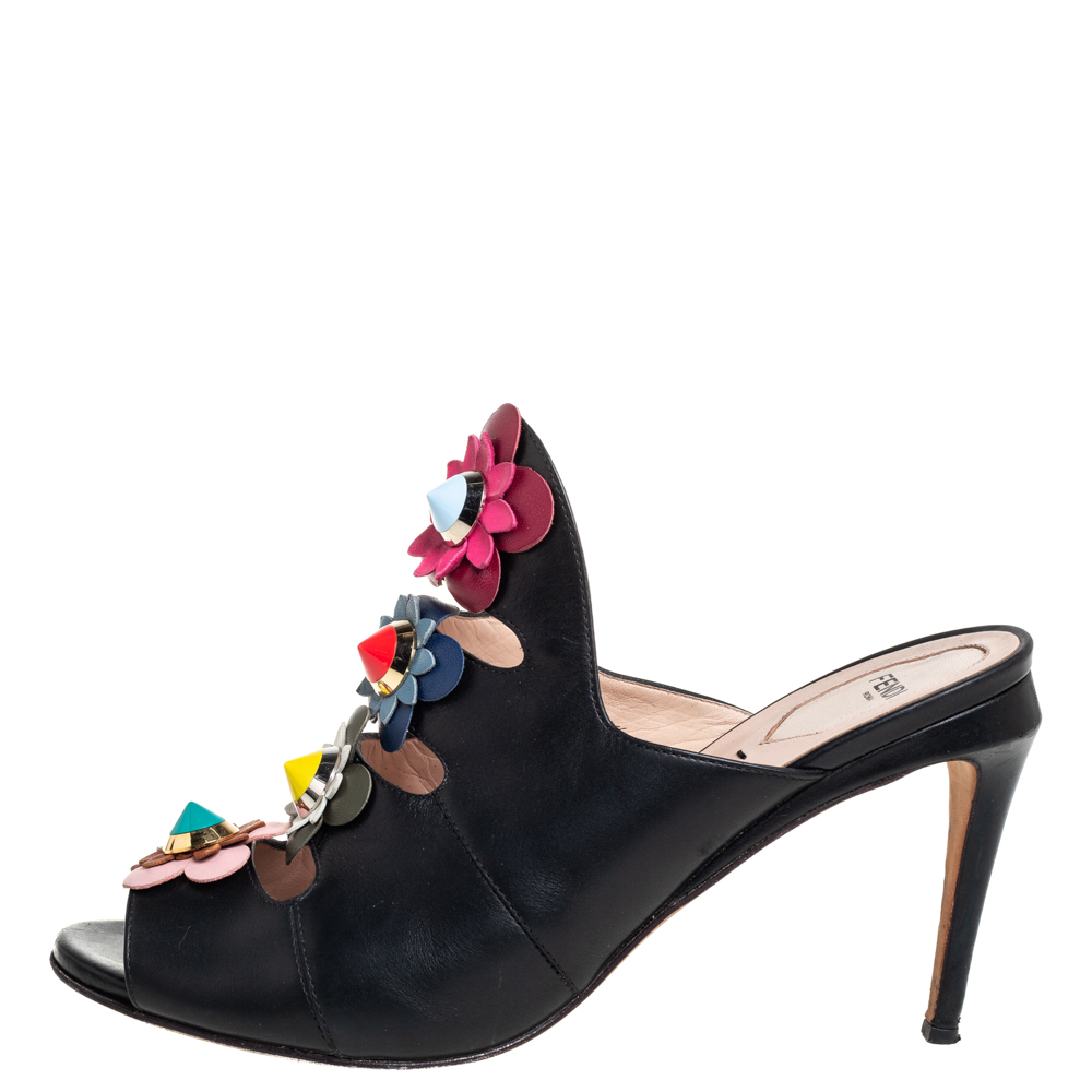 

Fendi Black Leather Floral Applique Mule Sandals Size