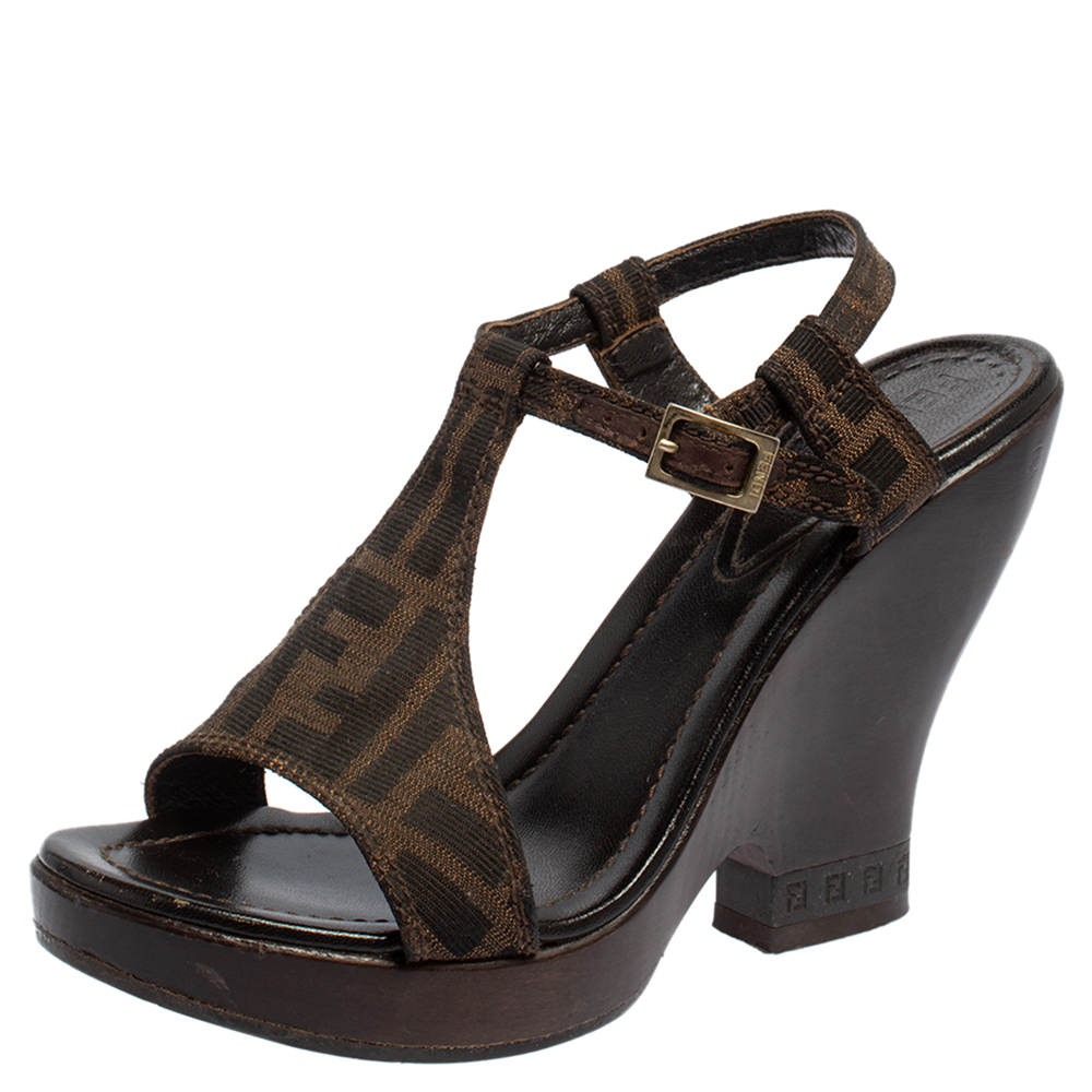 Pre-owned Fendi Brown Zucca Canvas Wedges Ankle Strap Sandals 37.5