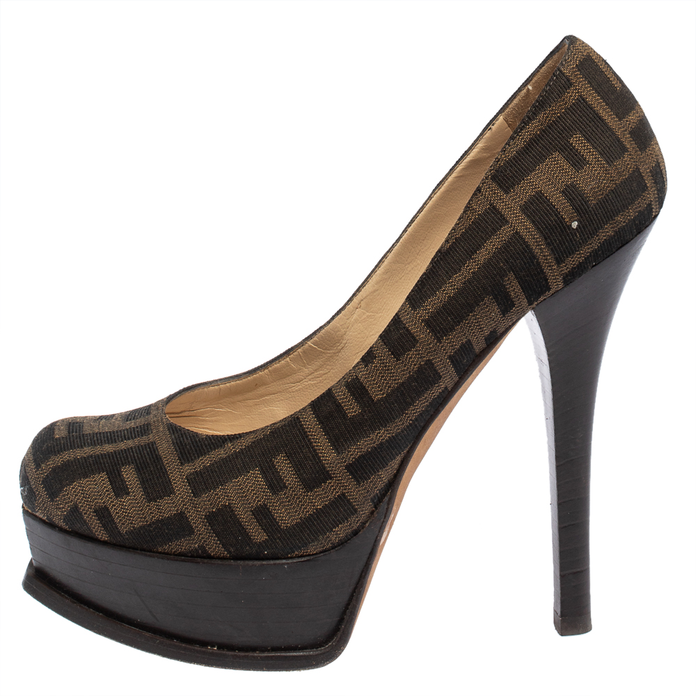 

Fendi Tobacco Zucca Canvas Fendista Platform Pumps Size, Brown
