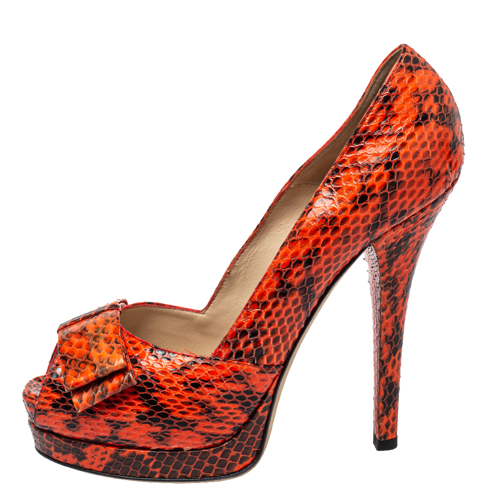 

Fendi Orange/Black Python Leather Peep Toe Pumps Size