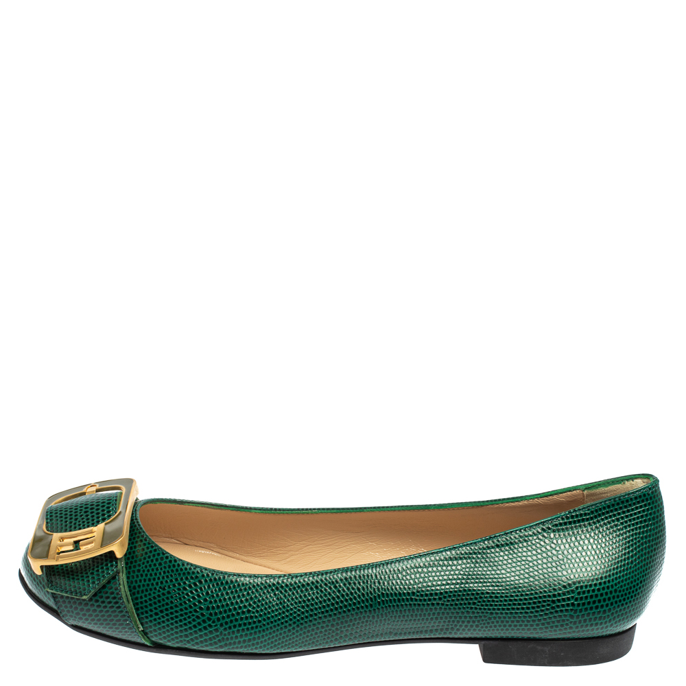 

Fendi Green Lizard Embossed Leather Buckle Detail Ballet Flats Size