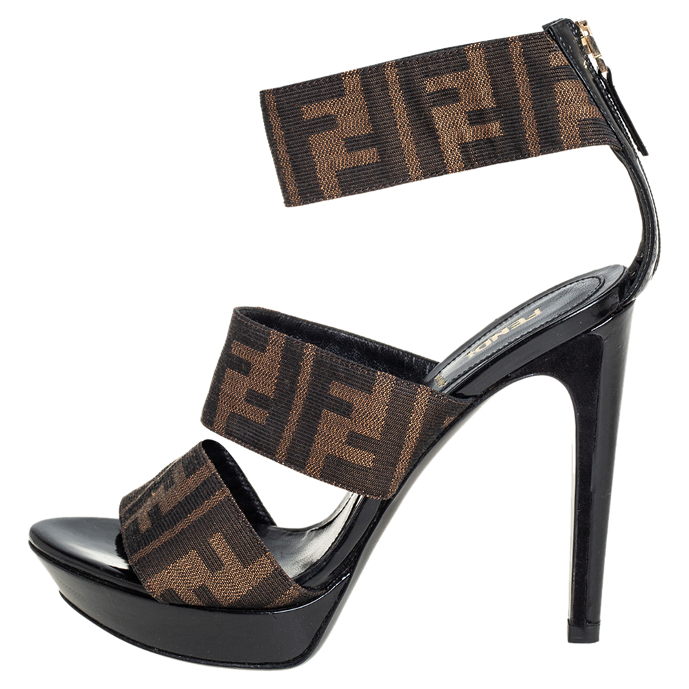 

Fendi Brown Zucca Canvas Platform Ankle Cuff Sandals Size