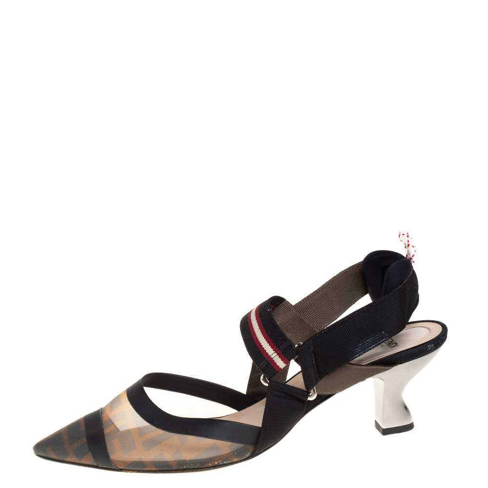 

Fendi Brown Zucca Mesh And Leather Colibri Slingback Sandals Size