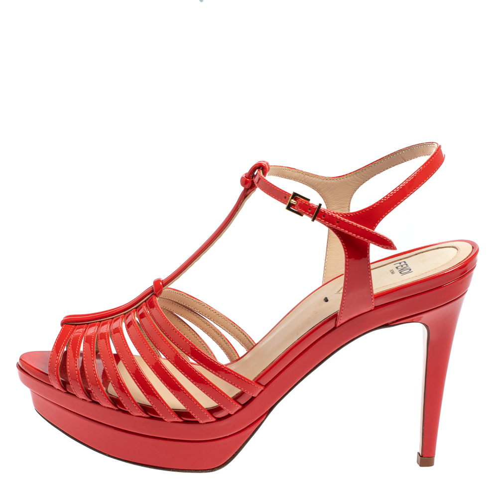 

Fendi Red Patent Leather Favorite T-Strap Platform Sandals Size