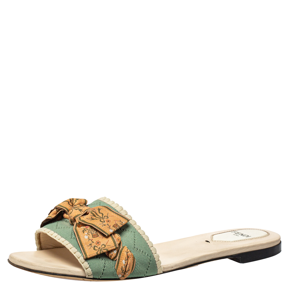 Pre-owned Fendi Green/beige Embroidered Knit Fabric Bow Embellished Flat Slides Size 38.5