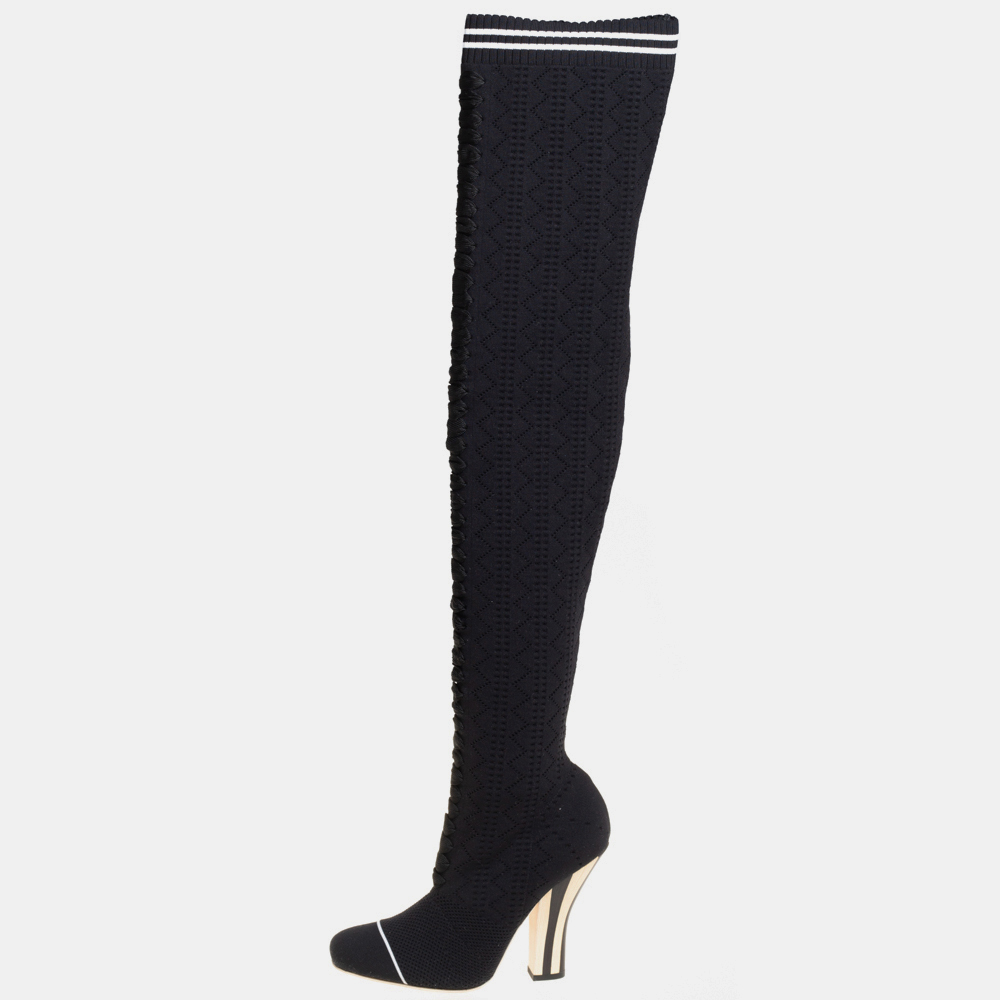 Pre-owned Fendi Black Knit Fabric Over The Knee Boots Size 39