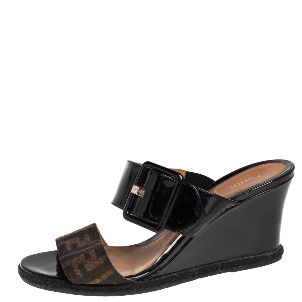 

Fendi Brown/Black Zucca Canvas And Patent Wedge Sandals Size