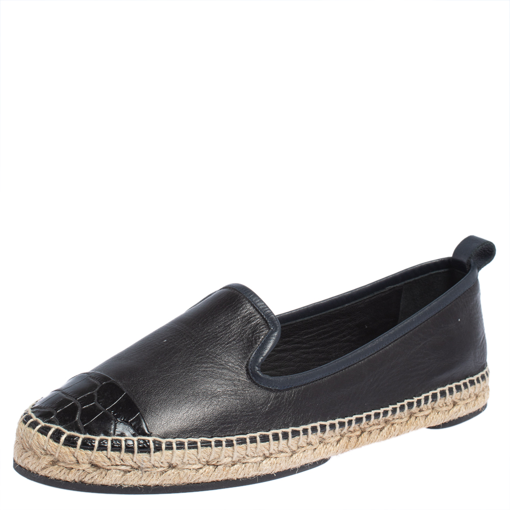 Pre-owned Fendi Navy Blue Leather And Black Croc Embossed Cap Toe Junia Espadrilles Flats Size 40