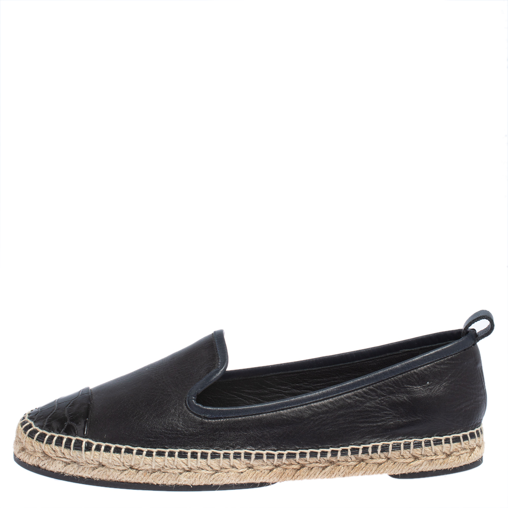 

Fendi Navy Blue Leather And Black Croc Embossed Cap Toe Junia Espadrilles Flats Size