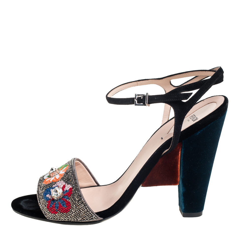 

Fendi Multicolor Velvet And Satin Embroidered Ankle Strap Sandals Size