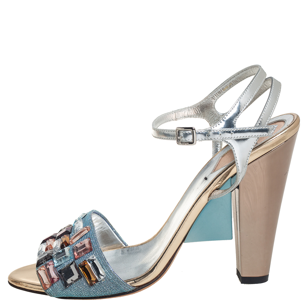 

Fendi Blue/Silver Glitter And Patent Leather Fantasia Crystal Embellished Ankle Strap Sandals Size