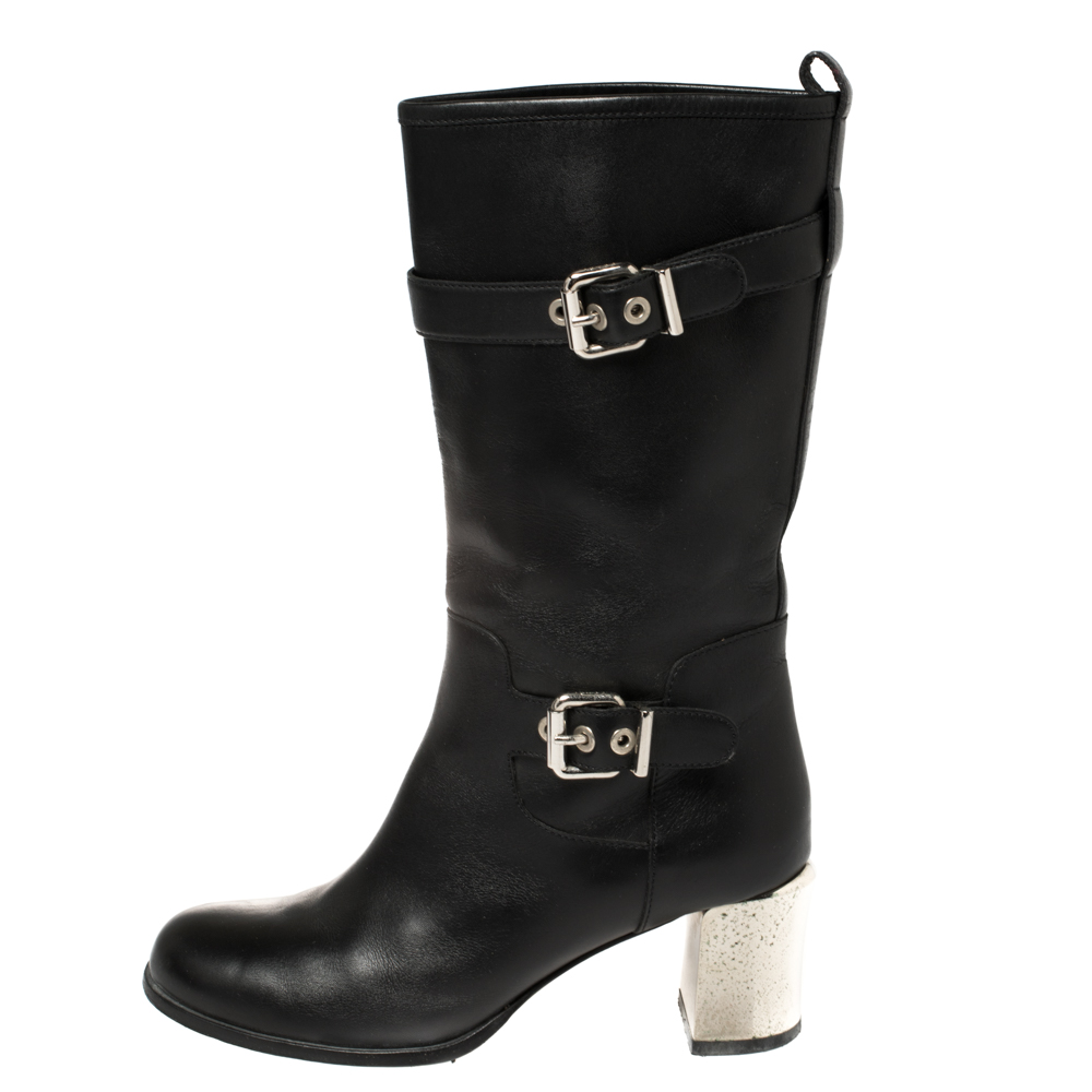 

Fendi Black Leather Buckle Detail Mid Calf Boots Size