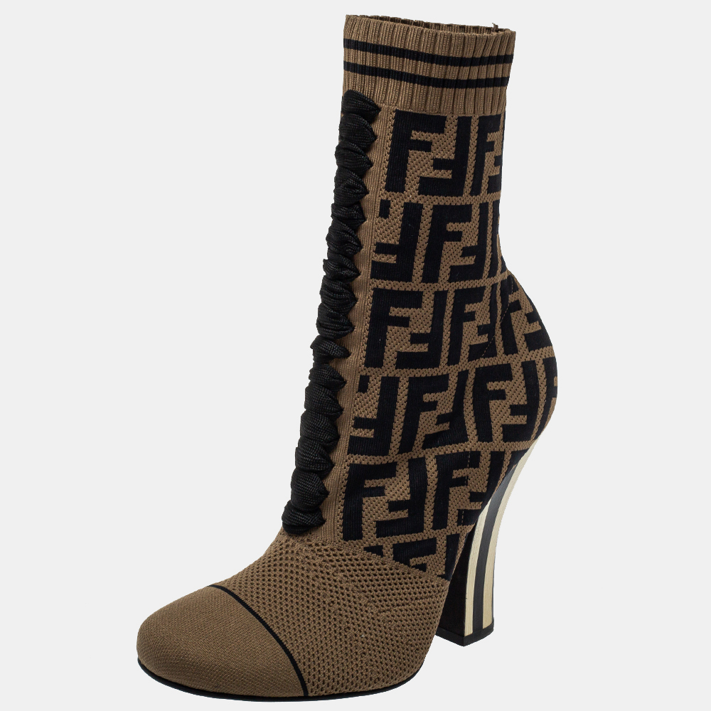 

Fendi Brown Knit Fabric FF Logo Ankle Boots Size