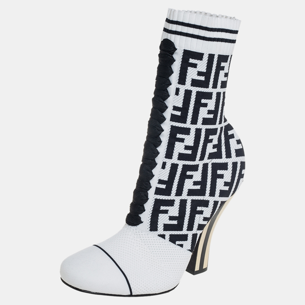 

Fendi White/Black Knit Fabric FF Logo Ankle Boots Size
