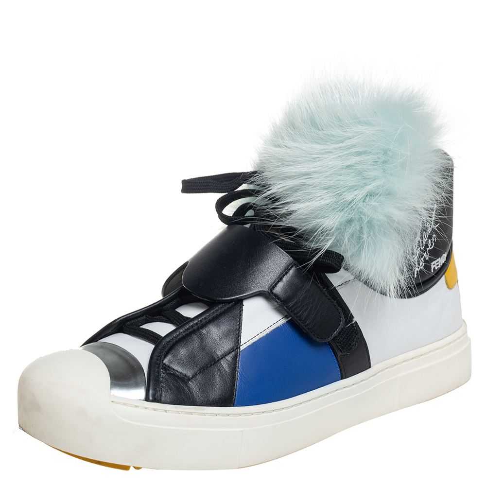Pre-owned Fendi Multicolor Fur And Suede Karlito Hight Top Trainers Size 40