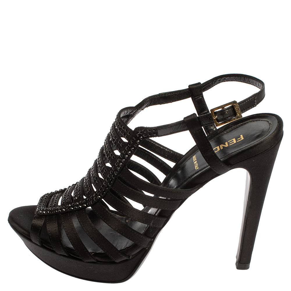 

Fendi Black Crystal Embellished Satin Gladiator Platform Sandals Size