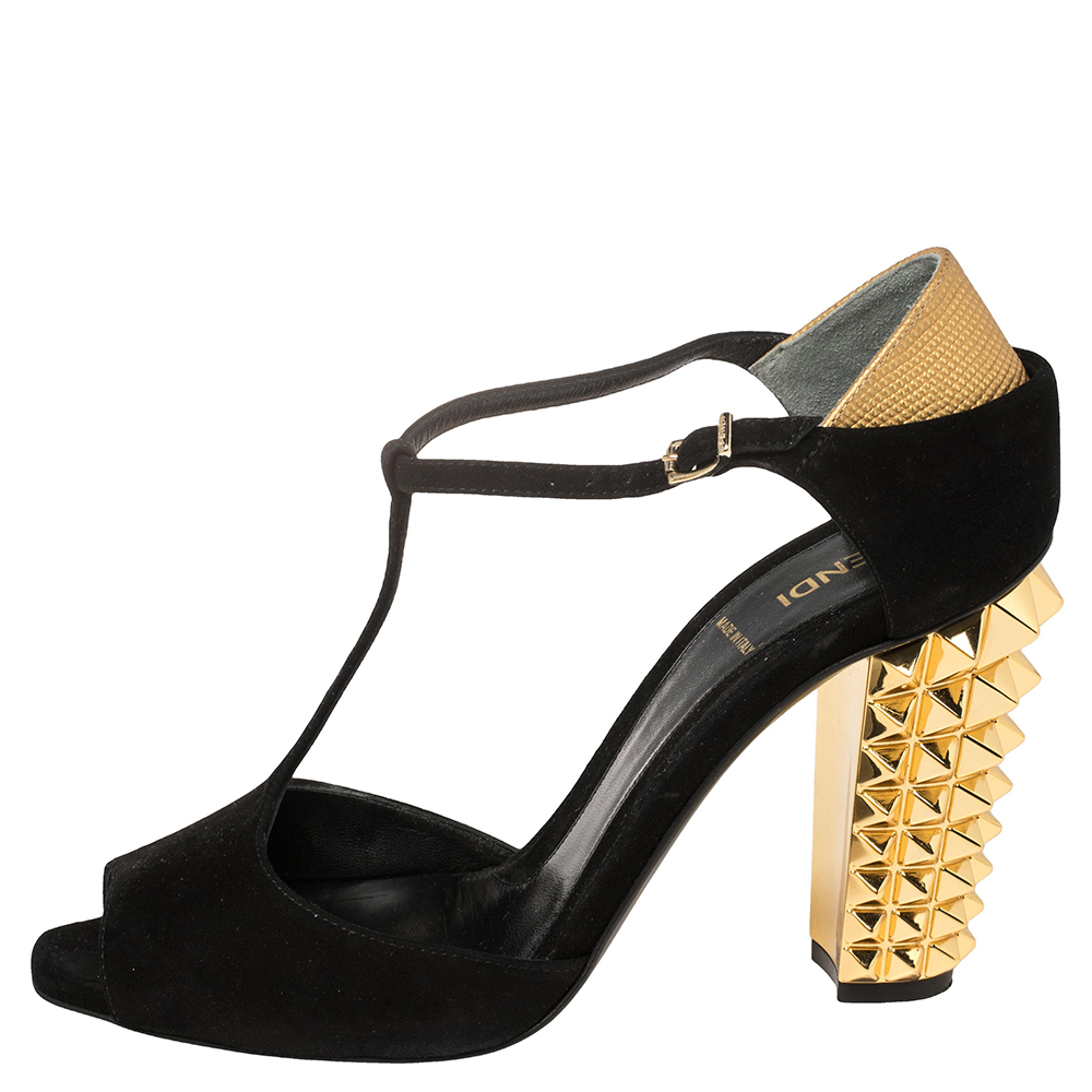 

Fendi Black Suede Studded Heel T Strap Sandals Size
