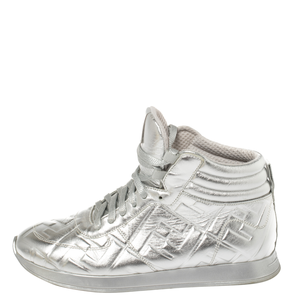 

Fendi Silver Leather FF High Top Sneakers Size
