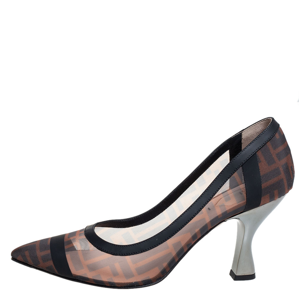 

Fendi Black/Brown Leather And Zucca Mesh Colibri Pumps Size