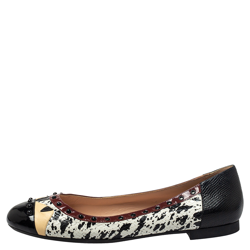 

Fendi Multicolor Python/Lizard Embossed Leather And Patent Leather Trim Cap Toe Monster Ballet Flats Size
