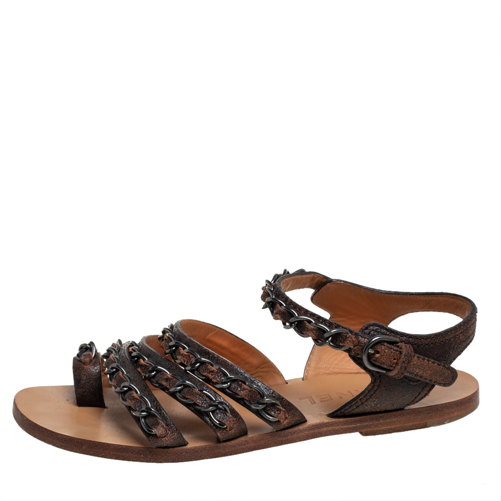 

Chanel Brown Leather Chain Flat Sandals Size