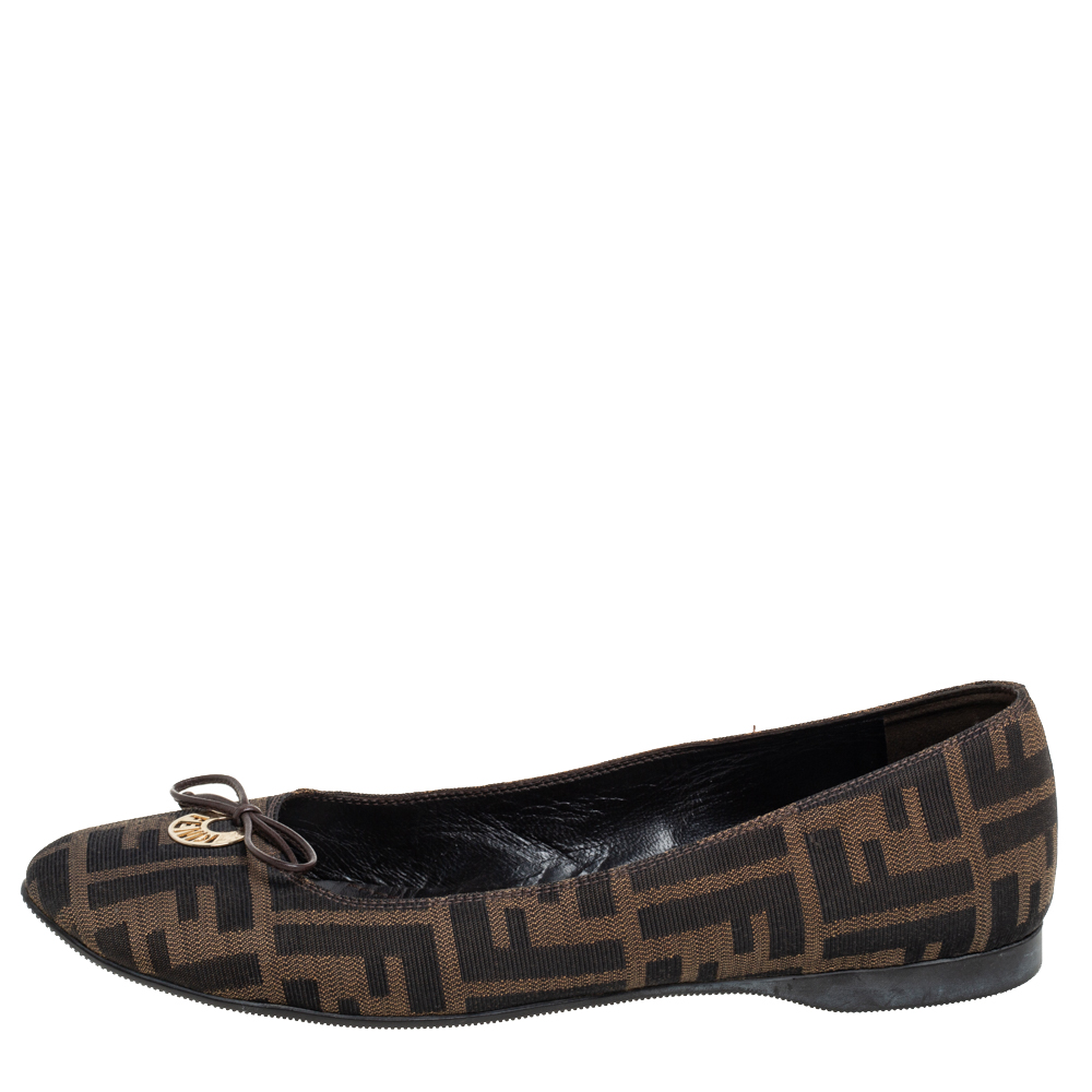 

Fendi Brown Zucca Canvas Logo Bow Ballet Flats Size