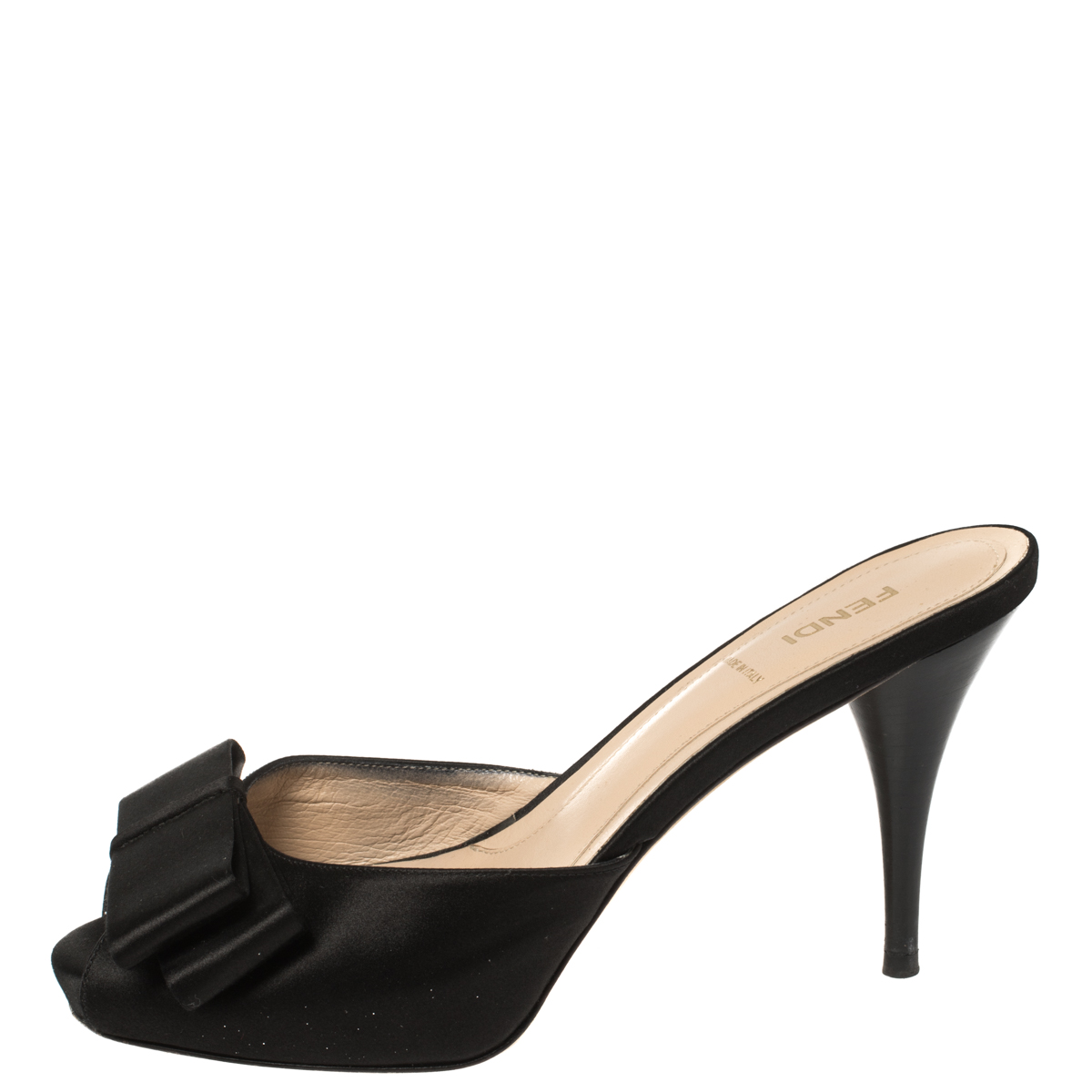 

Fendi Black Satin Bow Peep Toe Slide Sandals Size