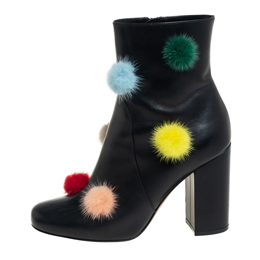 

Fendi Black Leather Pom Pom Ankle Booties Size