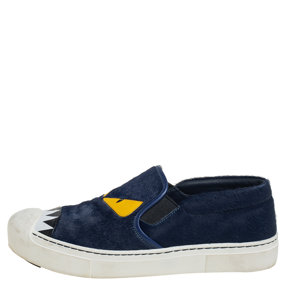 

Fendi Blue/White Fur and Leather Monster Slip On Sneakers Size