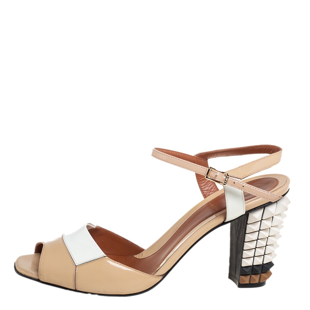 

Fendi Beige/White Patent Leather Spike Heel Sandals Size