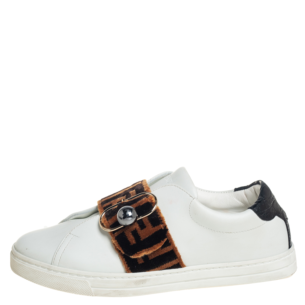 

Fendi White/Brown Leather And Velvet Pearland Slip On Sneakers Size