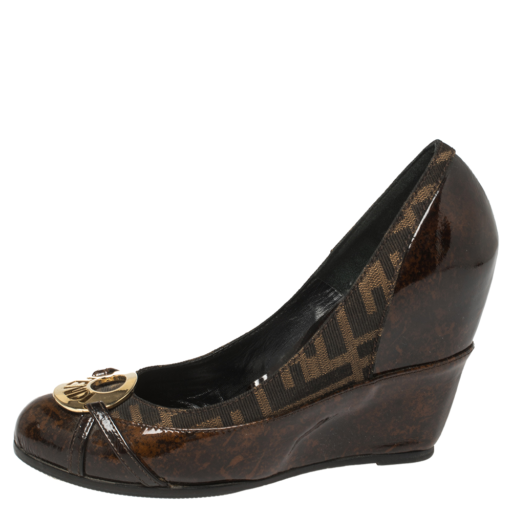 

Fendi Brown Patent Leather And Zucca Trim Logo Wedge Pumps Size