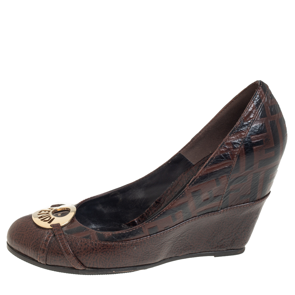 

Fendi Brown FF Leather Embellished Wedge Pumps Size