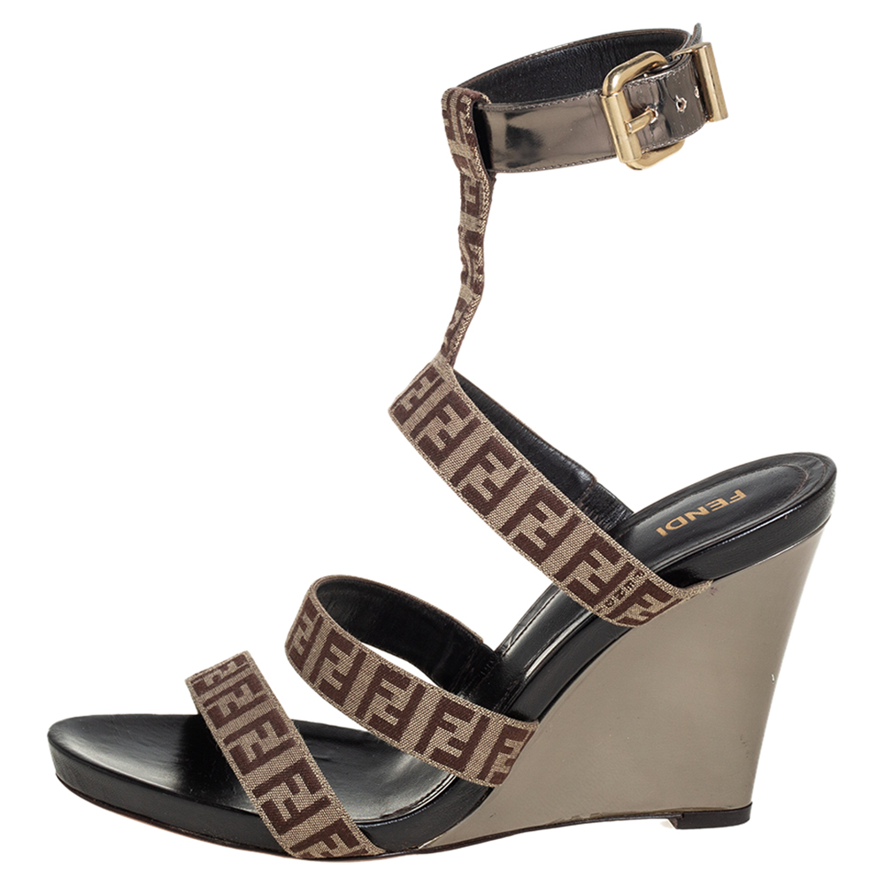 

Fendi Beige/Brown FF Canvas And Leather Wedge Ankle Strap Sandals Size