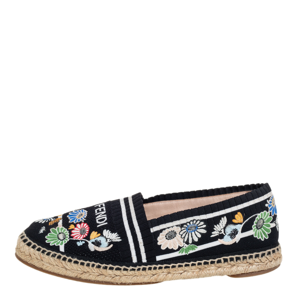 

Fendi Black Embroidered Knit Fabric Espadrille Flats Size