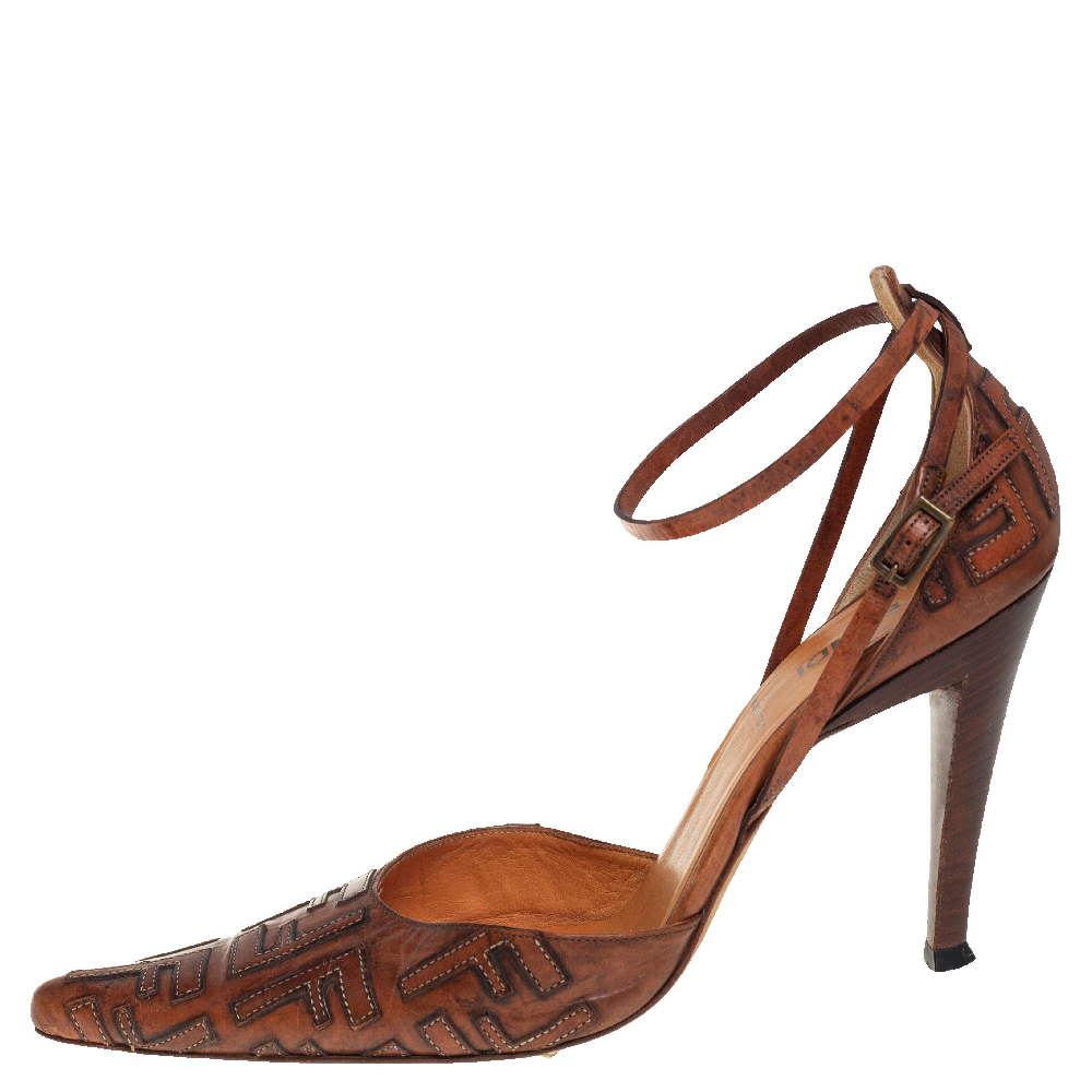 

Fendi Brown FF Leather D'orsay Pointed Toe Ankle Strap Pumps Size