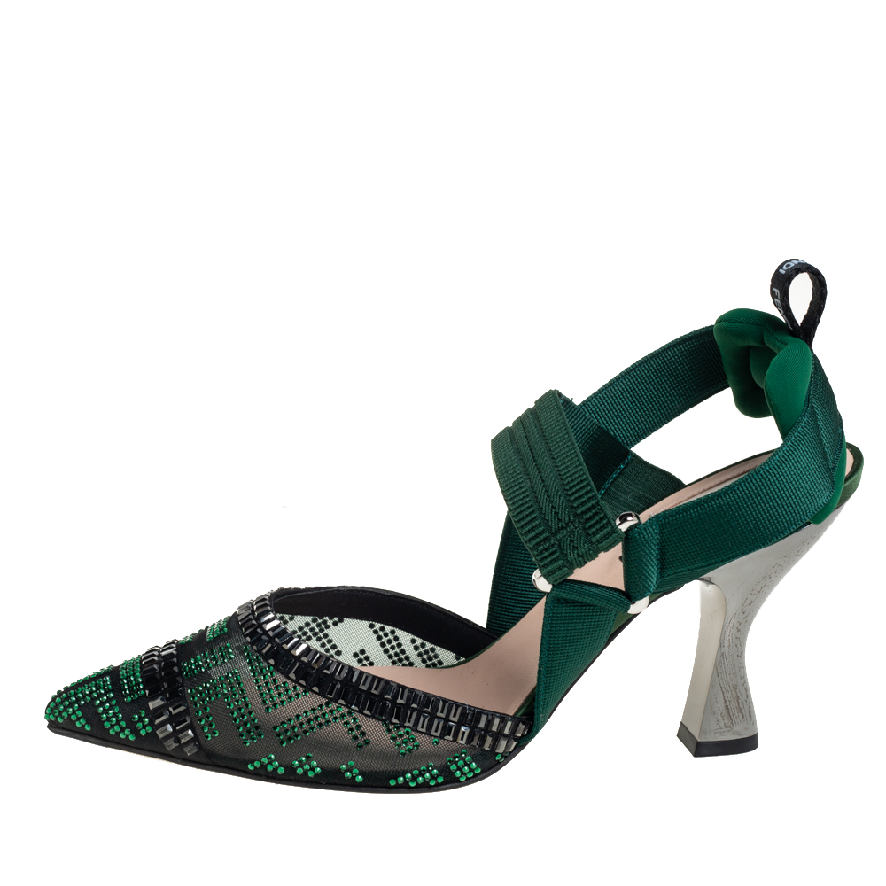 

Fendi Green Embellished Mesh And Nylon Colibri Slingback Sandals Size