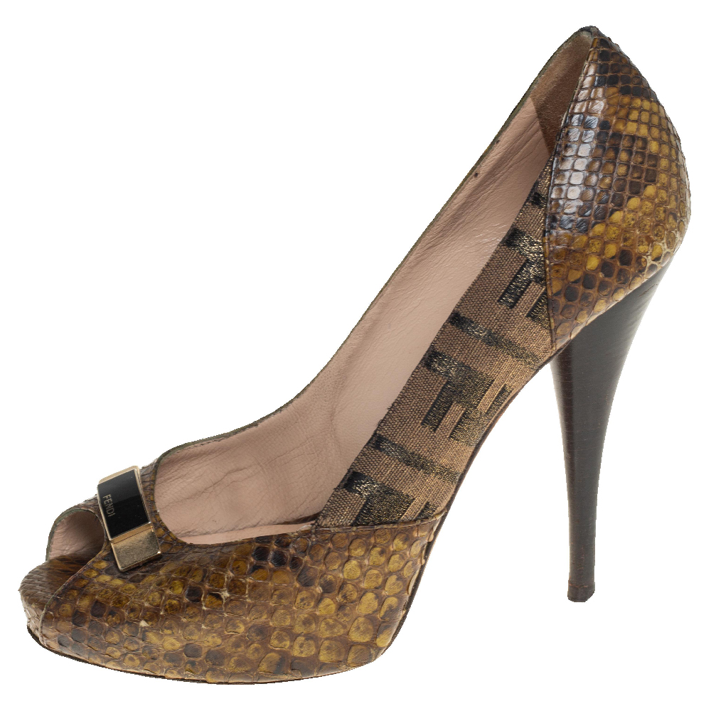 

Fendi Green Python and Canvas Peep Toe Pumps Size