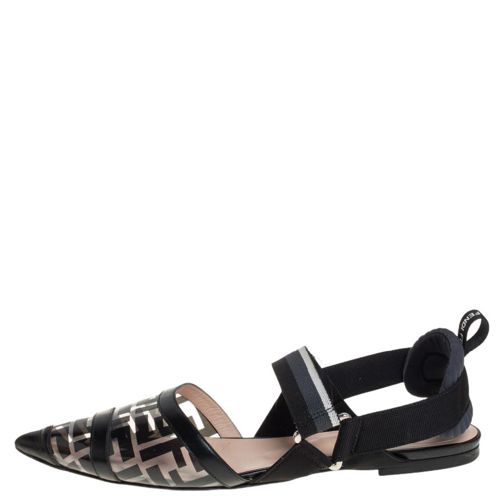

Fendi Black Leather And PVC Colibri Slingback Flat Sandals Size