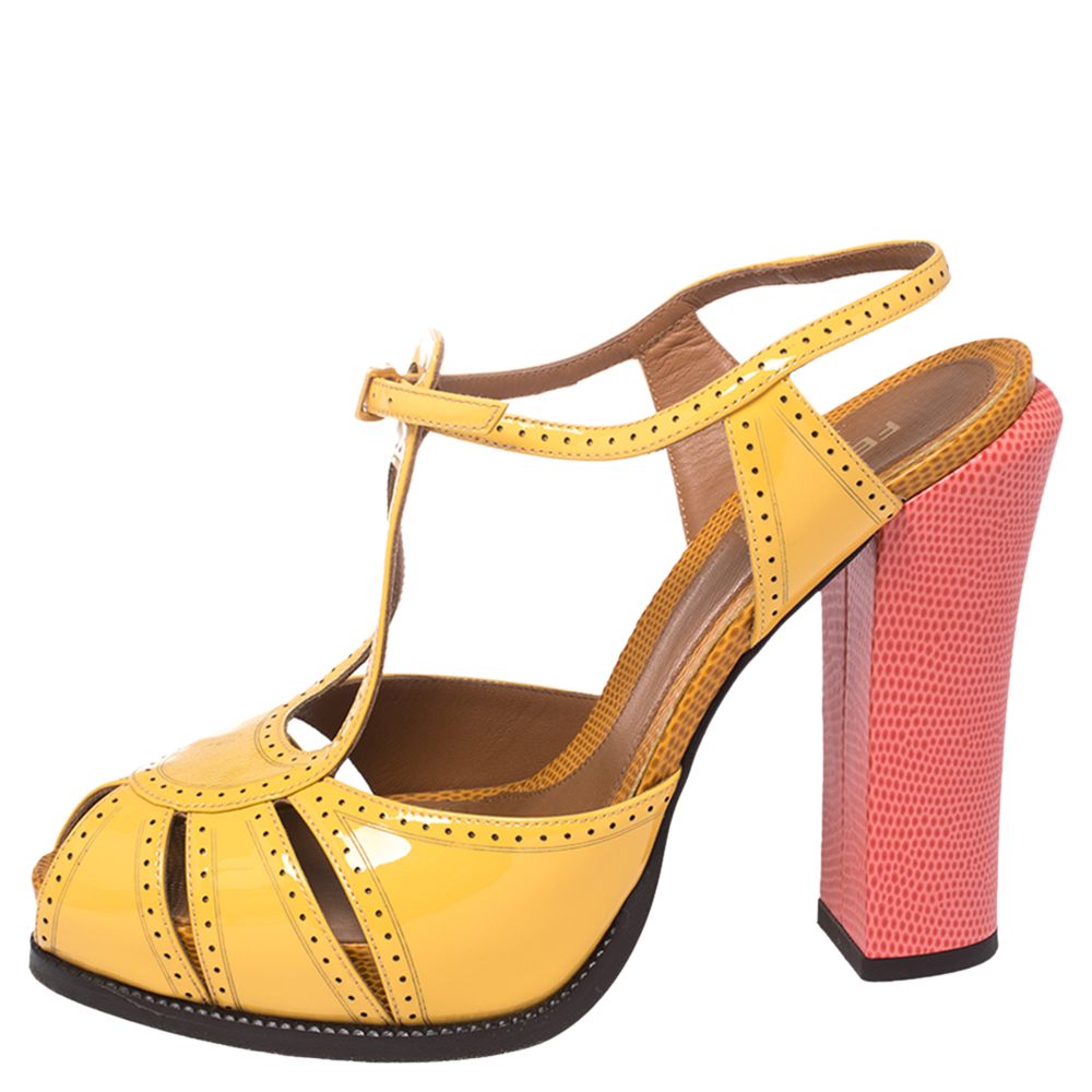 

Fendi Yellow Patent Leather T-Strap Block Heel Peep Toe Pumps Size