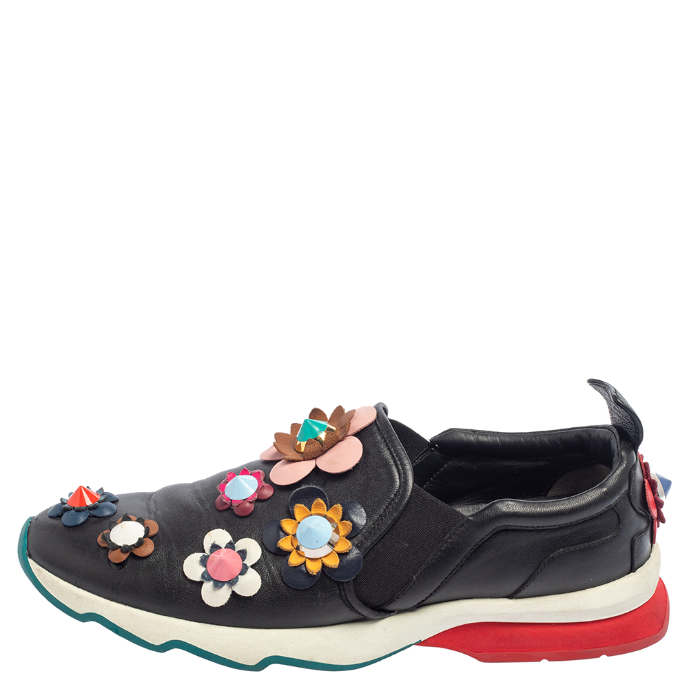 

Fendi Black Leather Flowerland Low Top Sneakers Size