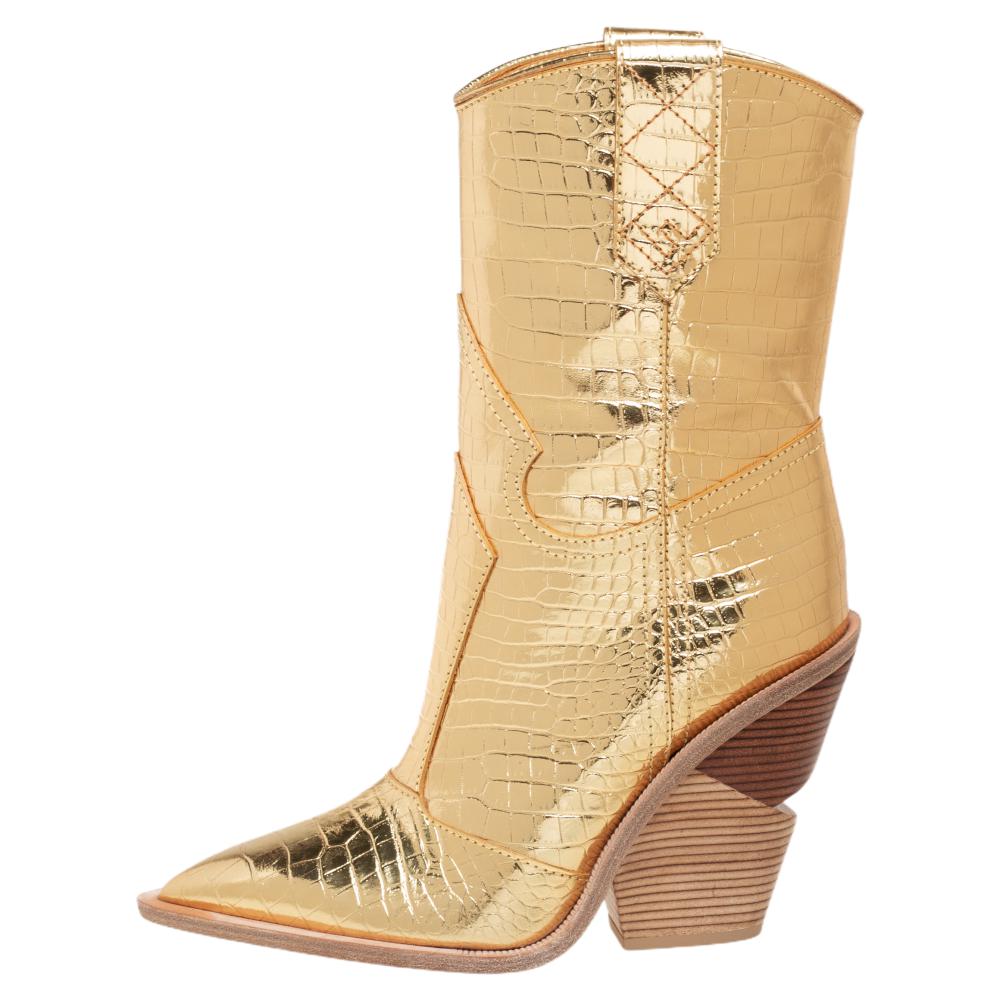 

Fendi Gold Croc Embossed Leather Cowboy Boots Size