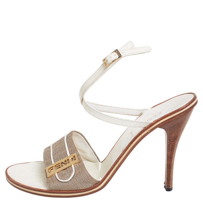 

Fendi Beige/White Canvas And Leather Ankle Strap Sandals Size