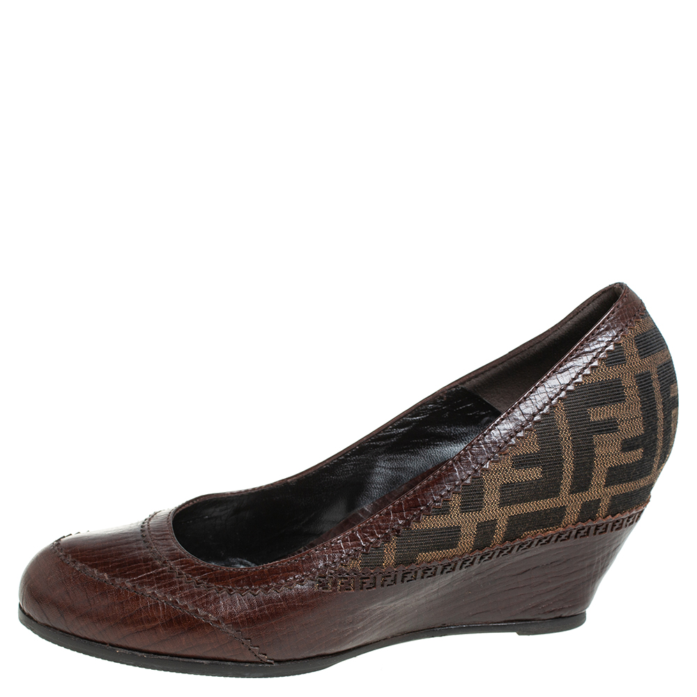 

Fendi Brown Zucca Canvas And Leather Wedge Pumps Size