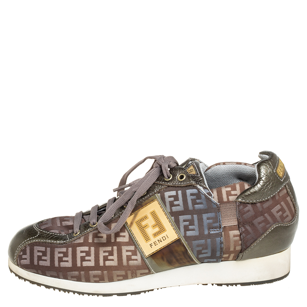

Fendi Tobacco Zucca Canvas And Leather Trim Low Top Sneakers Size, Metallic