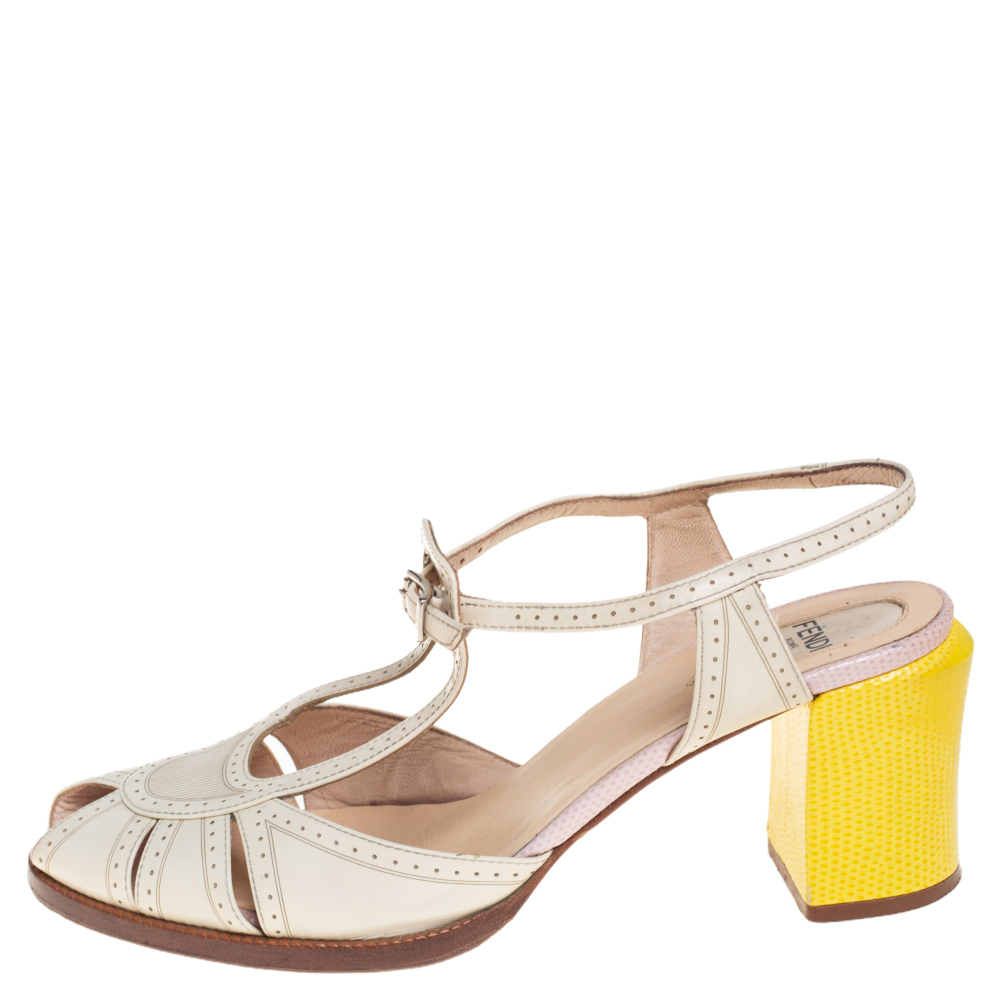 

Fendi Yellow/Cream Leather Chameleon T-Strap Sandals Size