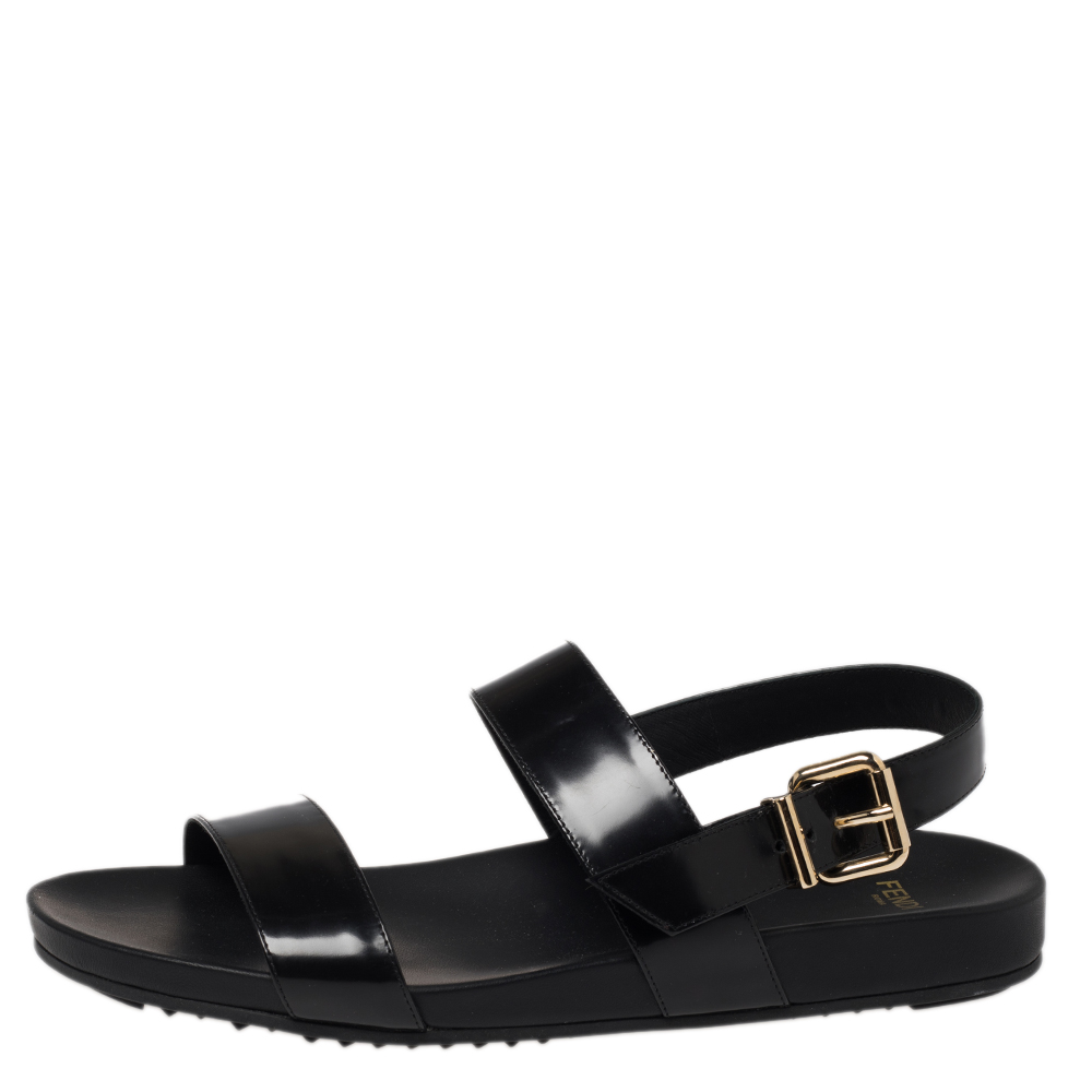 

Fendi Black Leather Open Toe Slingback Flat Sandals Size