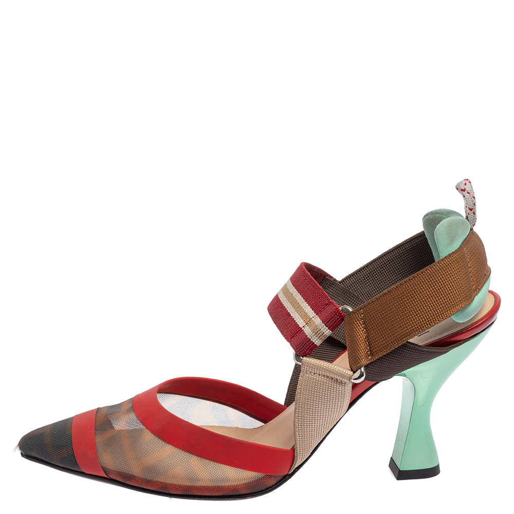 

Fendi Red/Brown Leather And Mesh Colibri Pumps Size