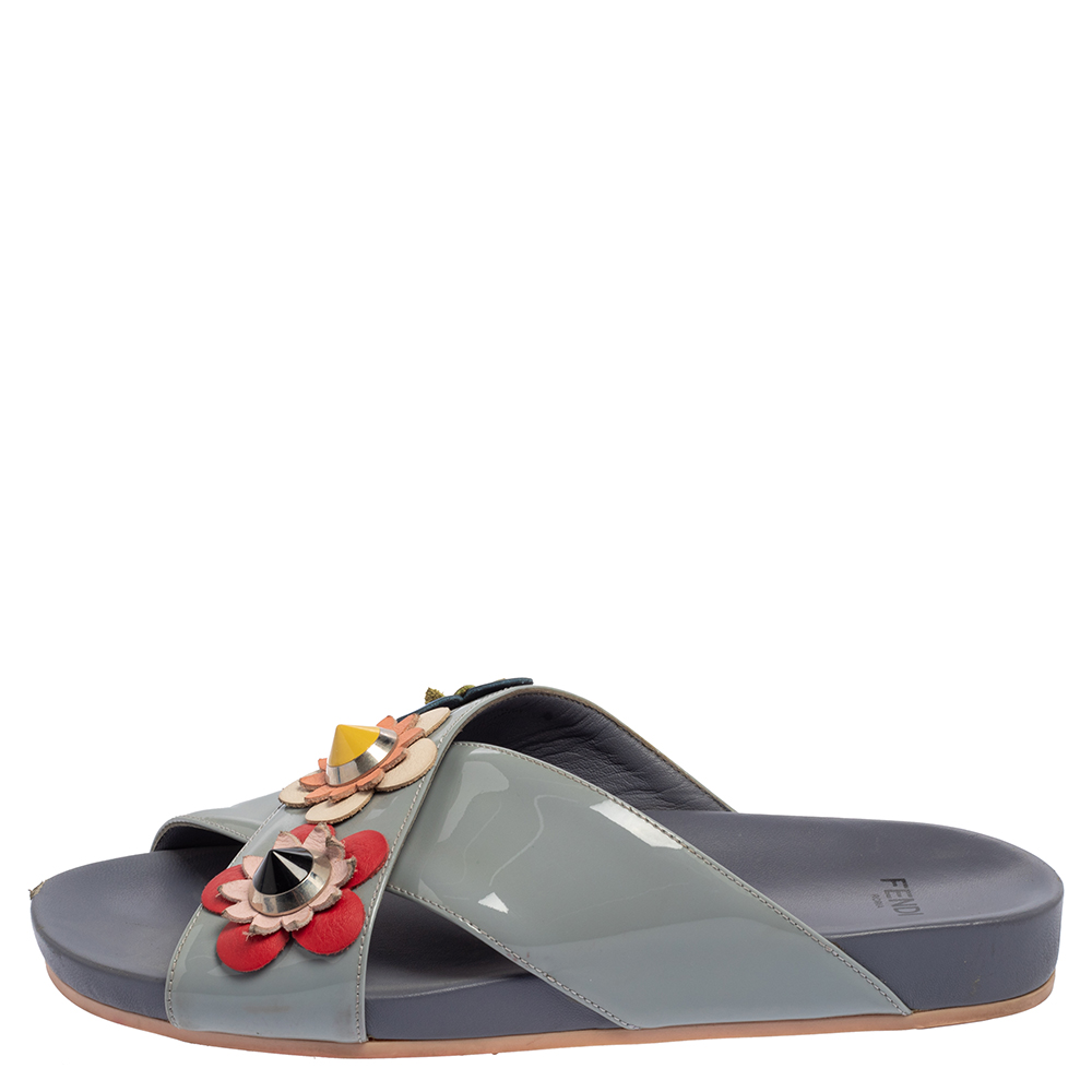 

Fendi Grey Leather Flowerland Slide Sandals Size